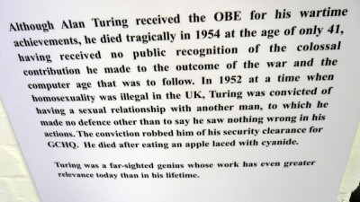 Figure 4:  Bletchley Park’s information board on the subject of Alan Turing’s death by suicide. It does not mention his sentence of chemical castration and the interpretation offers no further discussion of these events, or the issues surrounding them. (Image:  Doctorow, 2008).